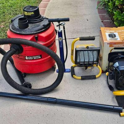 Genie 8 Gal. Shop Vac (1), Bike Pump (1), Halogen Work Light (1) + Envirotech Electic Heater (1)