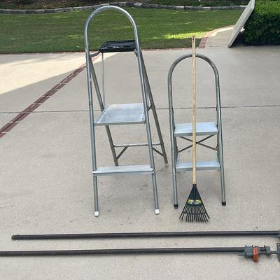 Ladders (2) Pipe Clamps (2) & Baby Rake (1)