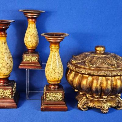 Faux Marble Candle Stick Holders (3) + Lidded Bowl (1)