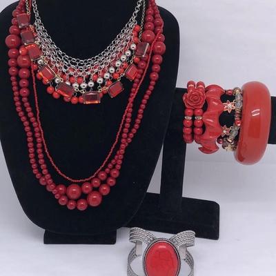 Lady In Red Costume Jewelry Lot Chunky Bangle Bracelet Necklaces