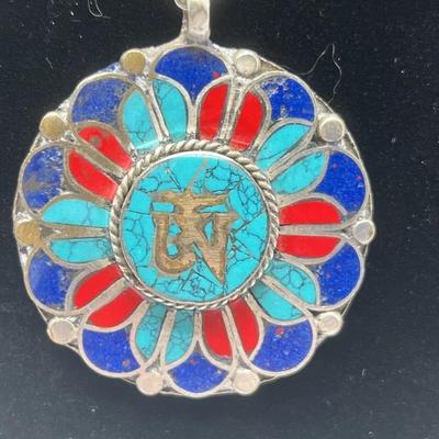OM Inlaid Stone Medallion Necklace 22 Inches