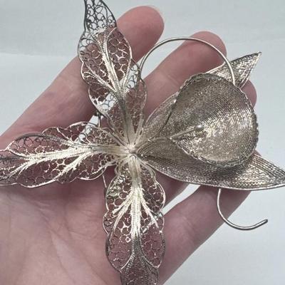 Huge Orchid Sterling Silver Brooch Antique Wire Filigree