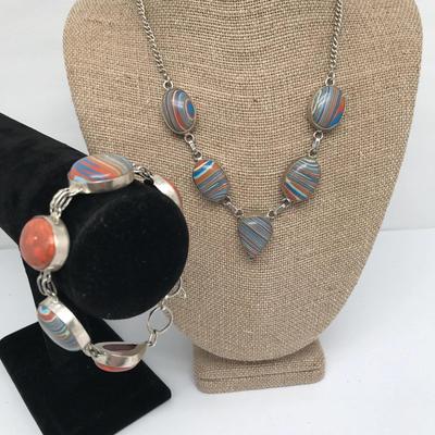 Orange Blue South West Style Faux Stone Jewelry Set Necklace Bracelet