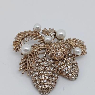 Gold Tone Napier Rhinestone Faux Pearl Pinecone Brooch