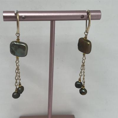 Gold Filled Green Pearl Dangle Earrings