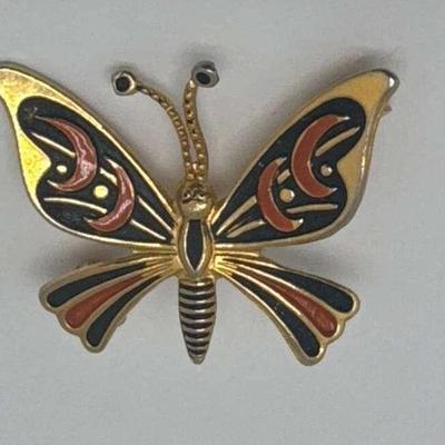 Orange And Black Butterfly Brooch Marked Spain
