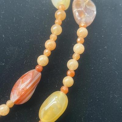 Polished Stone Earthtone Necklace Sterling Clasp 33 inches Long