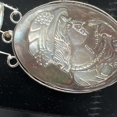 Sterling Mother of Pearl Cameo Box Clasp Broken Pearl And Stone Necklace