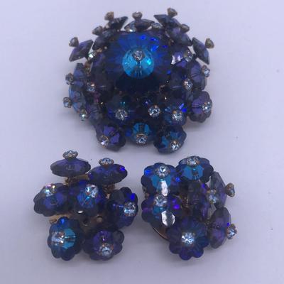 Deep Blue Rhinestone Brooch and Earring Set Vintage