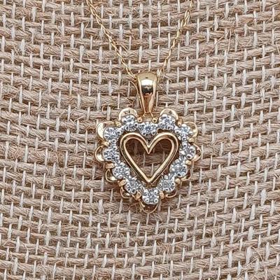 14K Gold Diamond Heart Pendant 14K Yellow Gold Chain Necklace 16 Inches