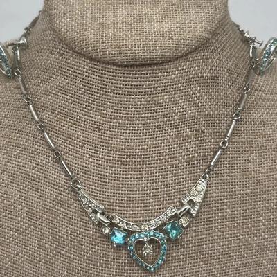 Blue Heart Necklace & Earrings Set Vintage