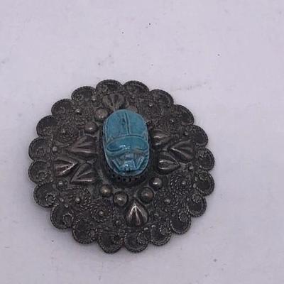Scarab Brooch Silver Tone Teal Stone Round Medallion Egyptian Revival Vintage 