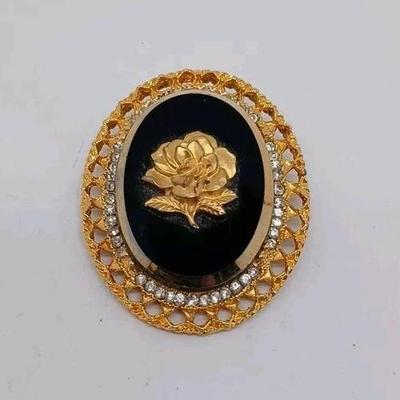Black & Gold Tone 3D Rose Vintage Brooch