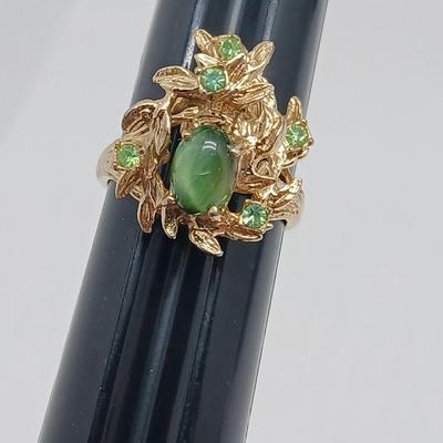 18K Gold Electroplate Ring 3D Leaves Green Rhinestones Size 8