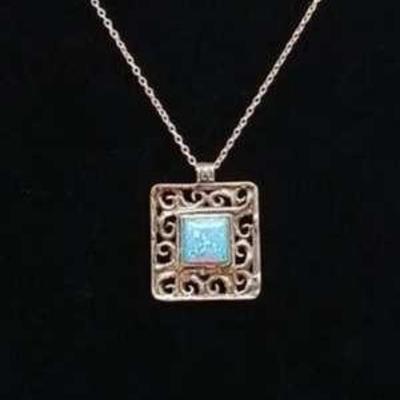 Sterling Silver Blue Pendant Necklace with Open Filigree Square