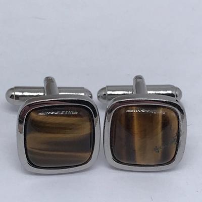 Cuff Links Tigers Eye Silver Tone Metal Vintage 