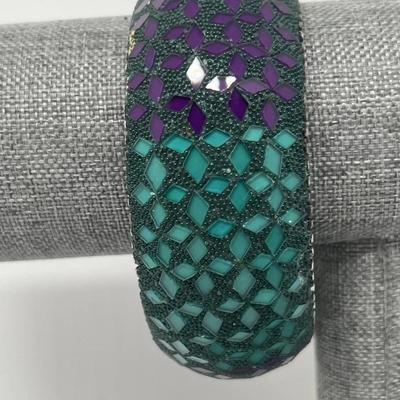 Purple and Green Mosaic Statement Bangle Bracelet