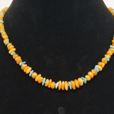 Amber Chip and Teal Bead Small Necklace 16 Inches Long