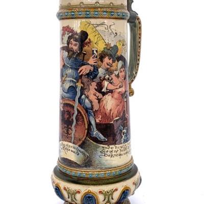 Sale Photo Thumbnail #32: Antique Mettlach  16” stein, age cracks in base