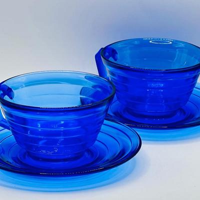 (2) Cobalt Blue Hazel Atlas Moderntone Depression Glass Teacups & Saucers