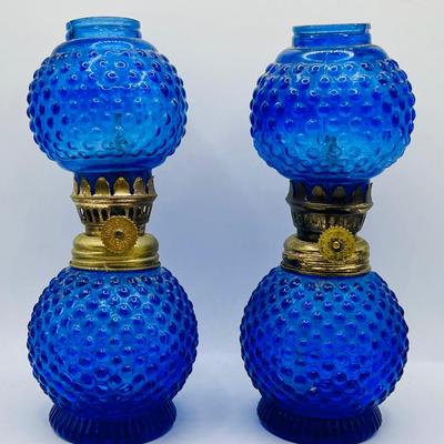 Blue Hobnail Depression Glass Hurricane Lamps