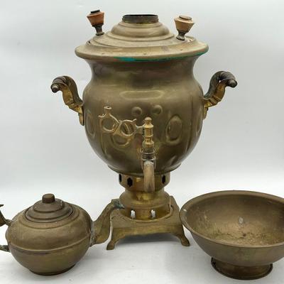 antique brass samovar & (2) Brass Items