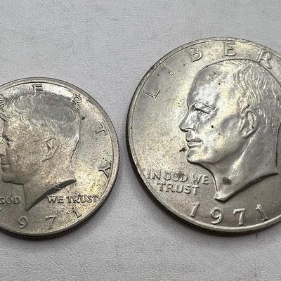 (2) 1971 Coins ft. Eisenhower Dollar Coin & Kennedy Half