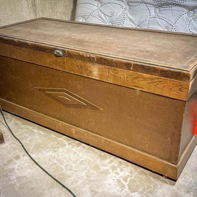 Vintage Wooden Storage Trunk with Metal Trim