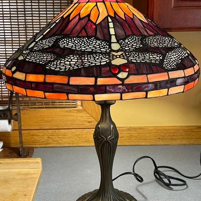 23” Cranberry-Orange Dragonfly Stained Glass Lamp