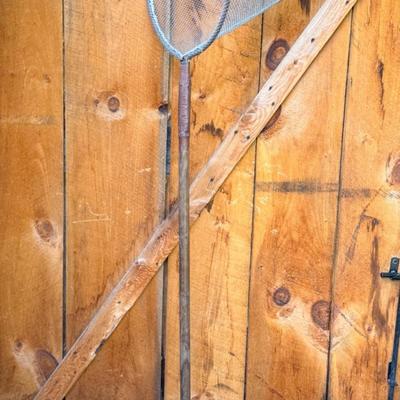 Vintage Wire Fish Trap Net with Wooden Handle