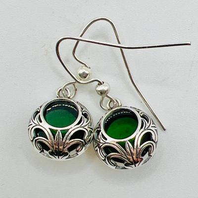 Sterling Silver & Antique Emerald Glass Earrings by Laura Bergman