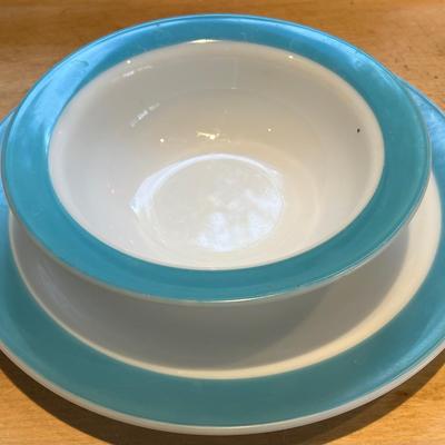 43-Piece Set of 1950s Milk Glass PYREX with Aqua Blue Band