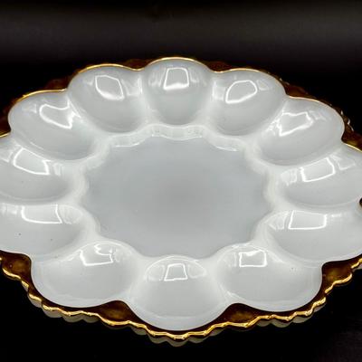 Anchor Hocking Fire King Milk Glass Deviled Egg Plate with gold trim