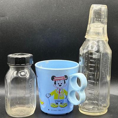(3) Vintage Baby Bottles & Cups featuring PYREX & Disney’s Mickey Mouse
