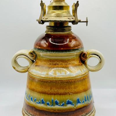 Hurricane Lamp with Gorgeous Pottery Base, Signed