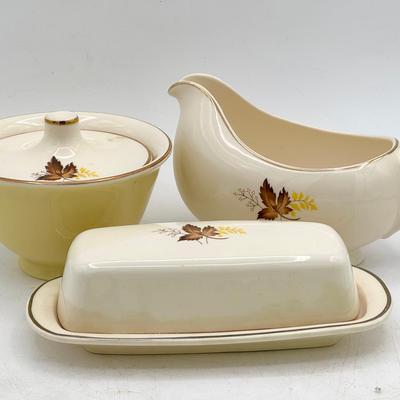 vintage Taylor, Smith & Taylor "Leaf O' Gold" Butter Dish, Gravy Boat & Sugar Bowl