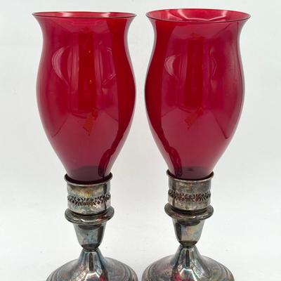 (2) Gorham Silver Plate Candlesticks With Red Sconces 