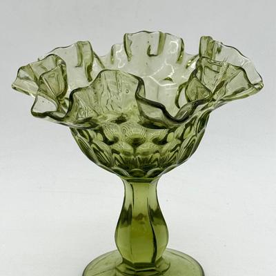 Fenton Colonial Green Thumbprint Ruffled Compote