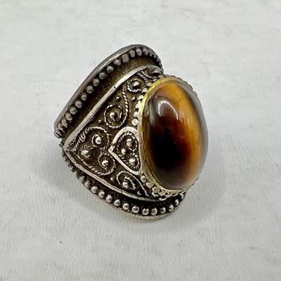 Ornate Tiger Eye 800 Coin Silver Ring — Size 8