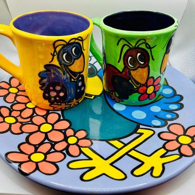 E&K Colorful Hand Painted Pottery Mugs & 12” Platter