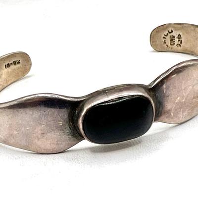 Sterling Silver Bracelet Cuff with Black Stone