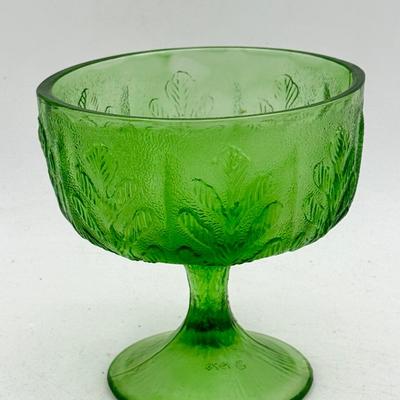 vintage FTD green glass footed compote bowl with an oak leaf pattern