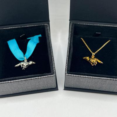 (2) Michael Tatom Running Coyote Pendants & 1/20th 14K Gold Fill Necklace