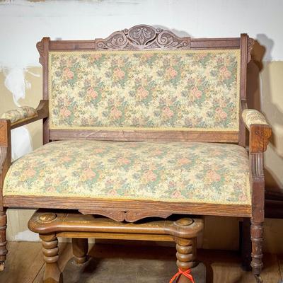 Antique Carved Settee with Floral Upholstery