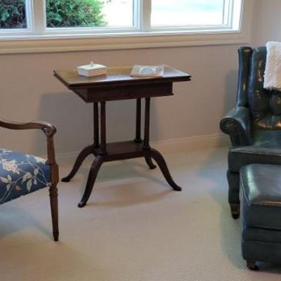 Sale Photo Thumbnail #125: Green Leather Chair and Floral Arm Chair