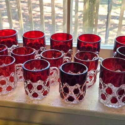 20 Pc Antique Ruby Block Pattern Glass Mugs & Tumblers