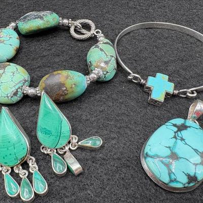 Turquoise/Sterling Cross Bangle, Pendant, Earrings & Bracelet 