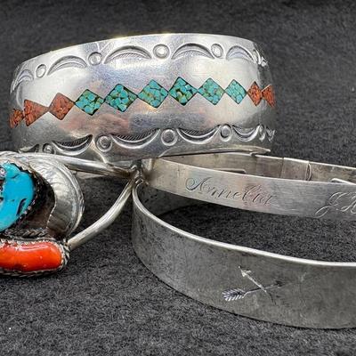 Four Silver Bracelets/Cuffs-Turquoise 