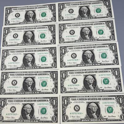 Ten Uncirculated 2001 Federal Reserve Star Notes Consecutive Serial Numbers 