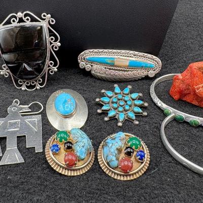Turquoise & Silver Bracelets, Earrings, Pins, Necklace 